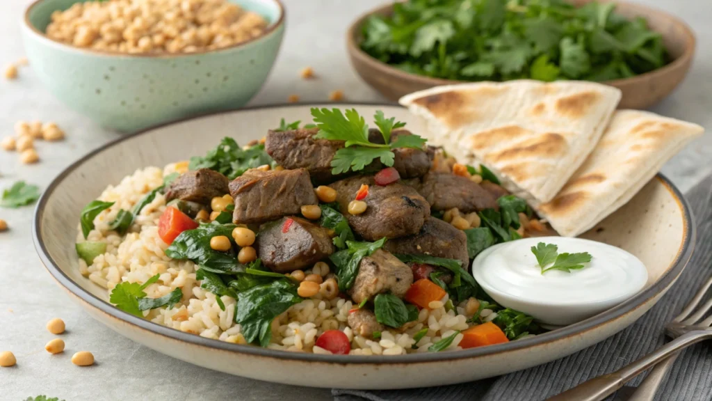 Plated Lebanese dish with garnishes.