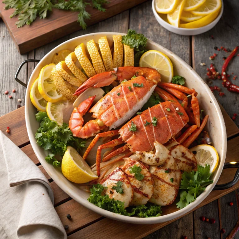 Seafood boil on a tray with sauce drizzled on top