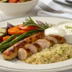 Sheet pan meal served with quinoa and sauce