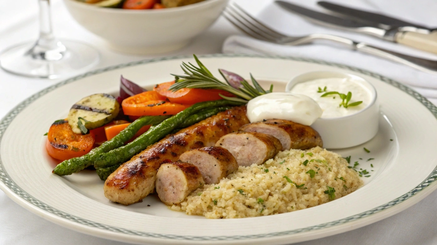 Sheet pan meal served with quinoa and sauce