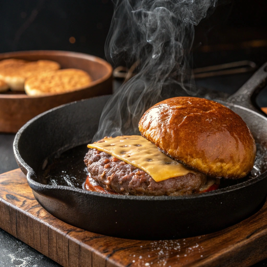 Smashing a burger patty on a skillet