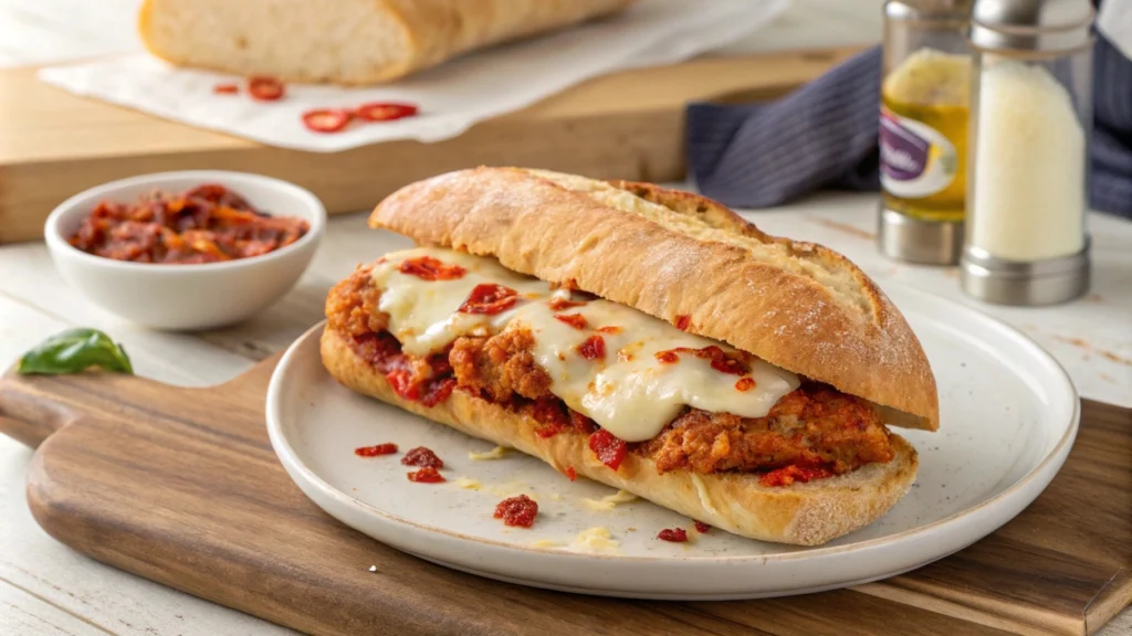 Spicy Chicken Parm Sandwich with melted cheese