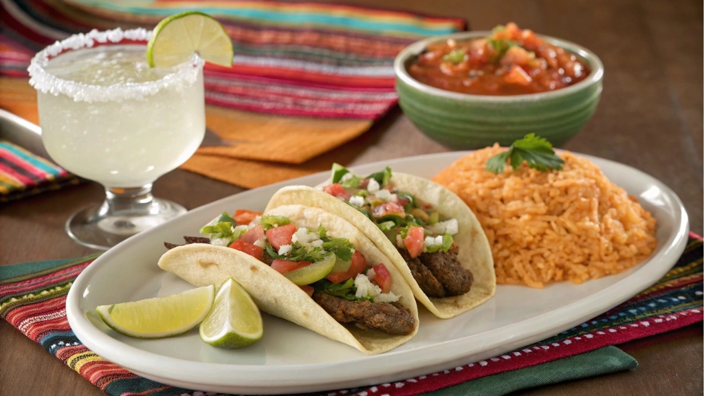 A plate of freshly prepared stew meat tacos with vibrant toppings and lime wedges