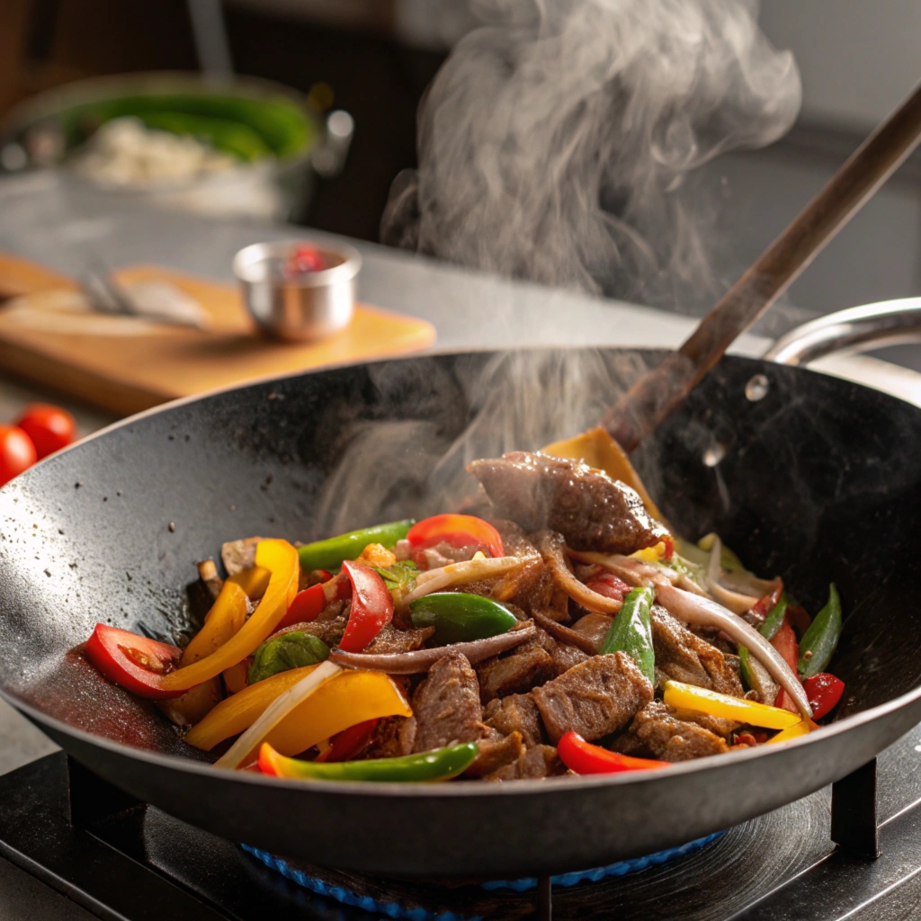 A wok with beef and vegetables being stir-fried over high heat