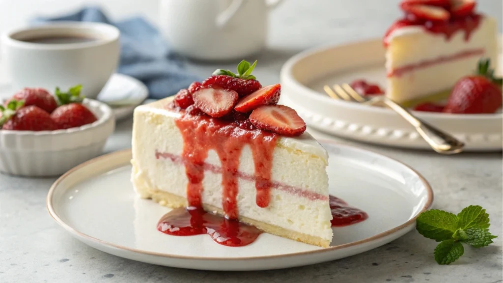 Strawberry cake with strawberry puree drizzle