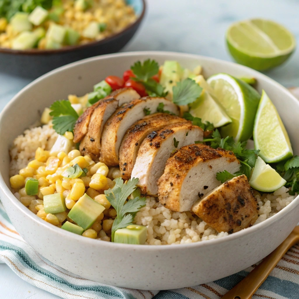 A vibrant Street Corn Chicken Rice Bowl with toppings