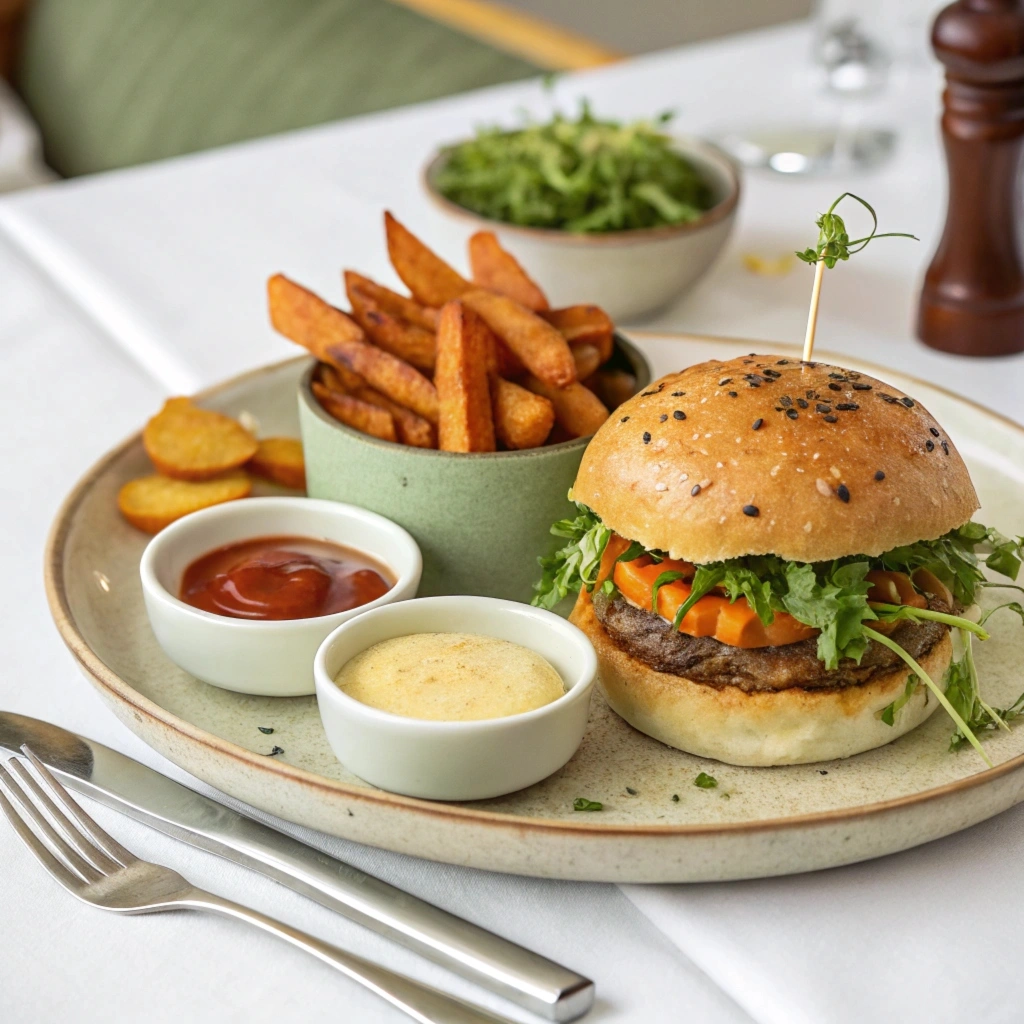 A Burger Bomb served with sides and dips