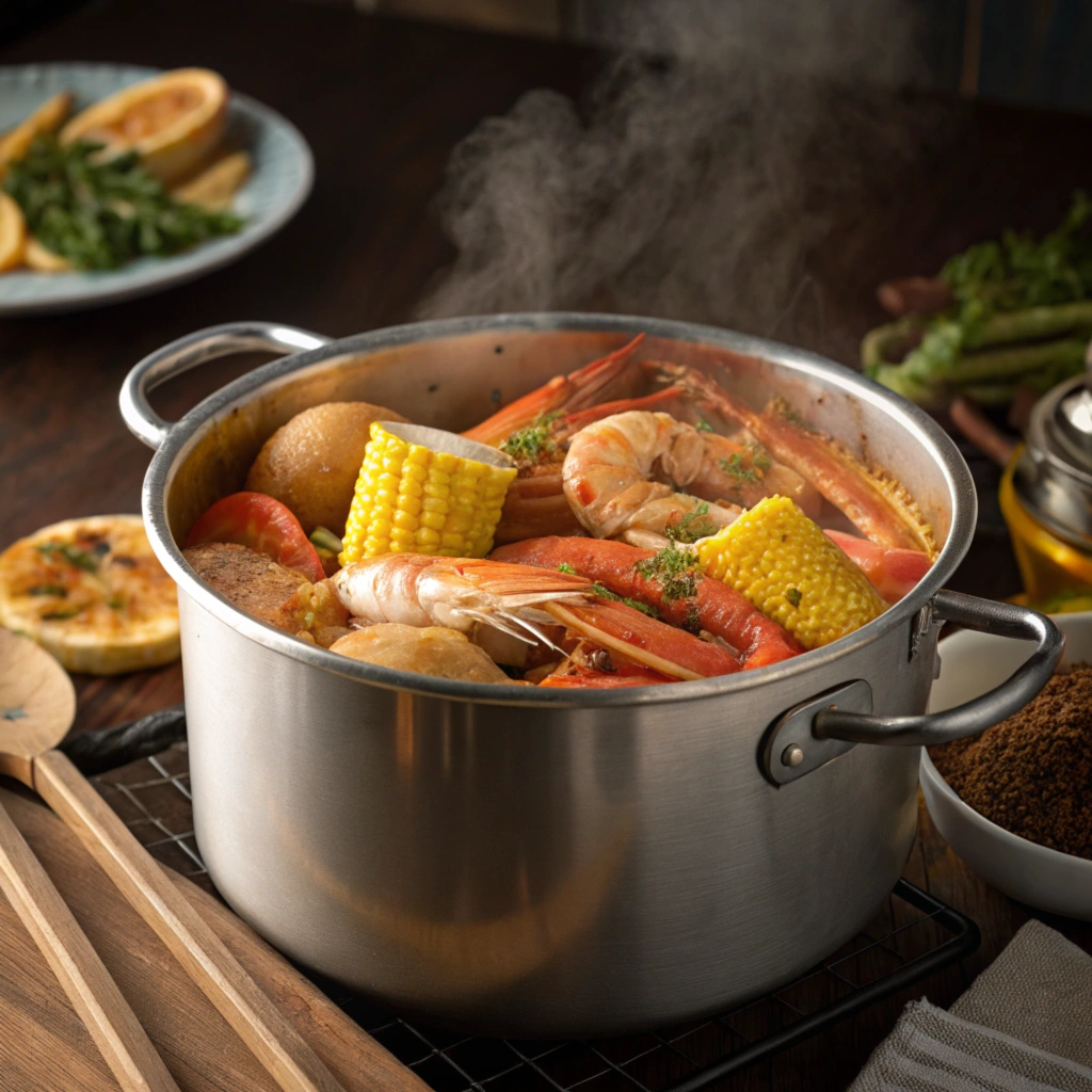 A seafood boil served on a wooden table with dipping sauces.