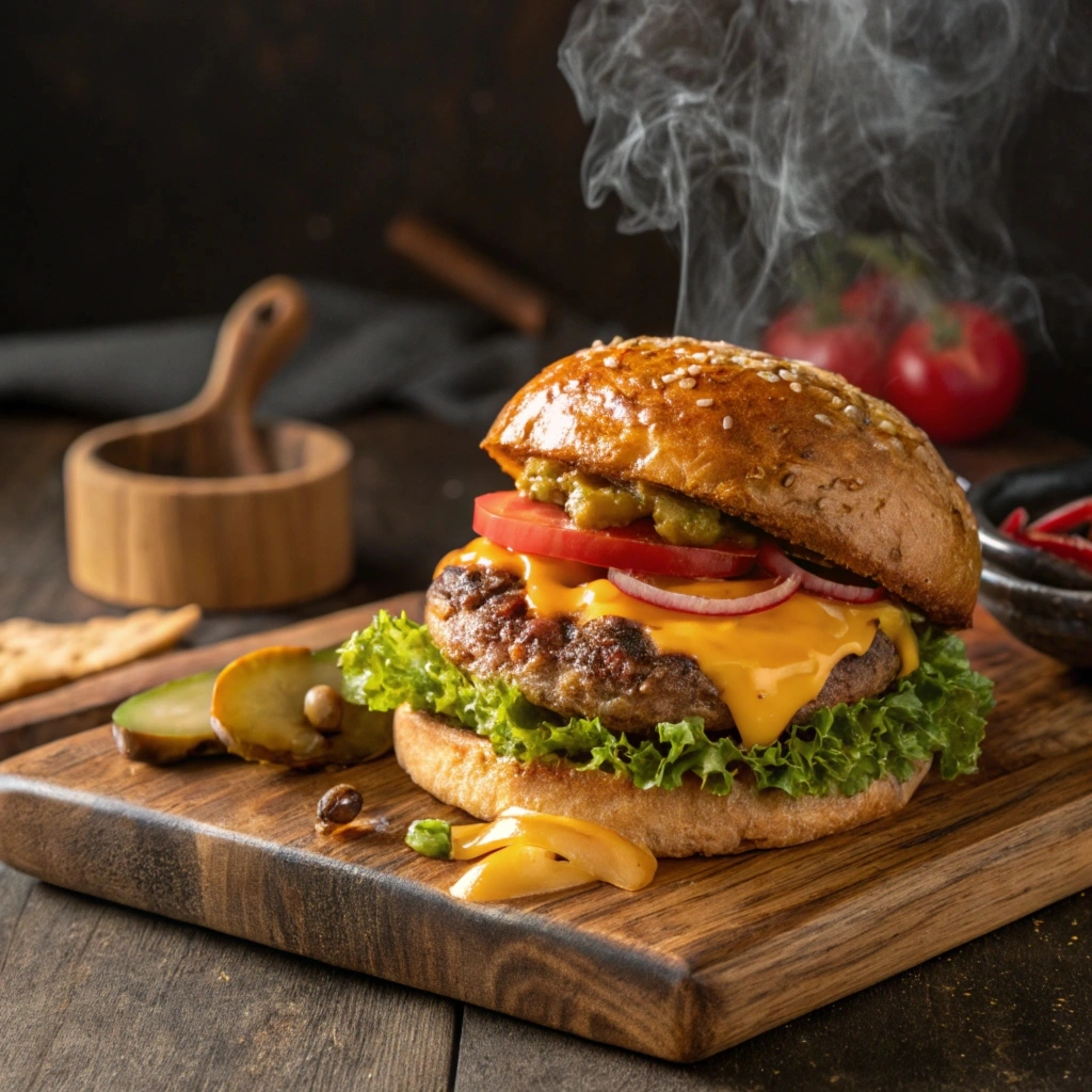 Smash burger with crispy crust and melted cheese