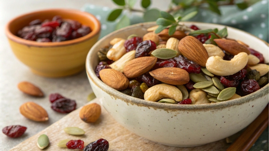 Close-up of a mix of nuts, seeds, and dried fruits in a bowl