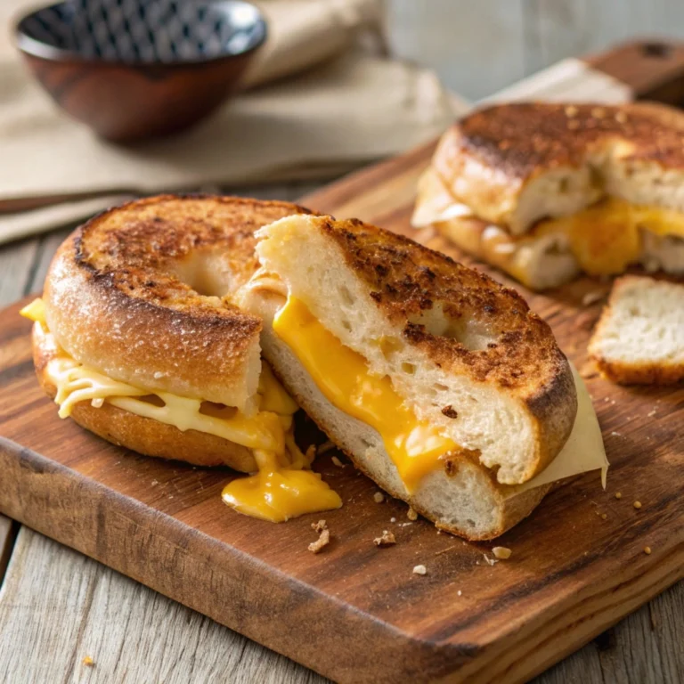 A close-up of a golden brown bagel grilled cheese sandwich oozing with melted cheese.