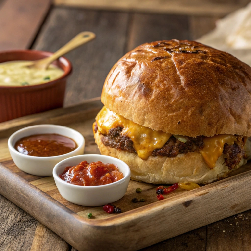 A perfectly baked Burger Bomb on a wooden board with dipping sauces