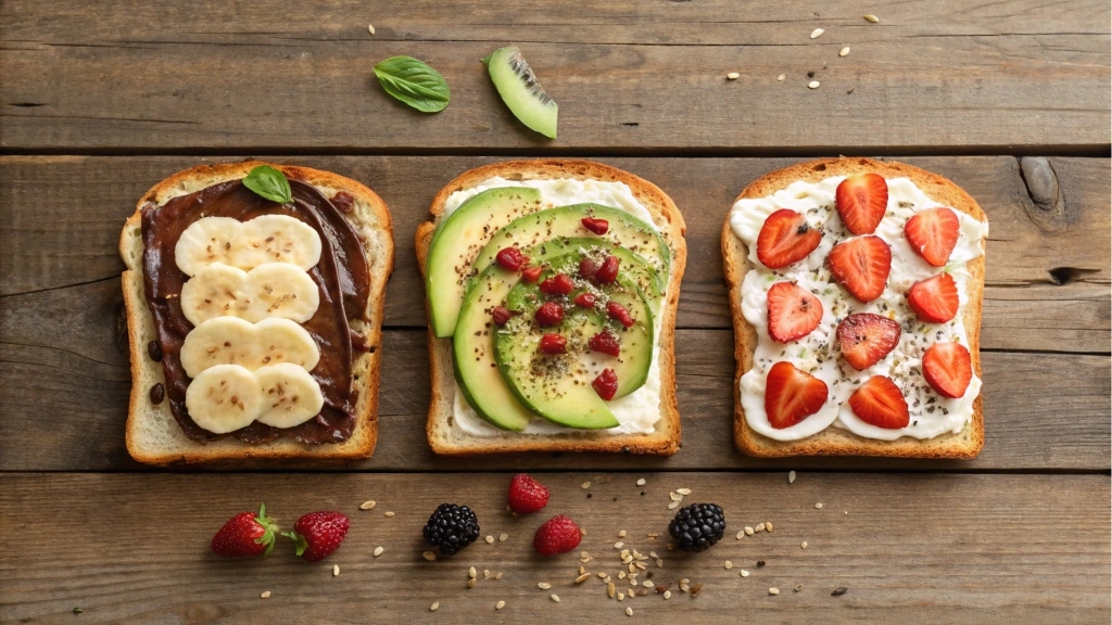 Various toastul with diverse toppings on a table