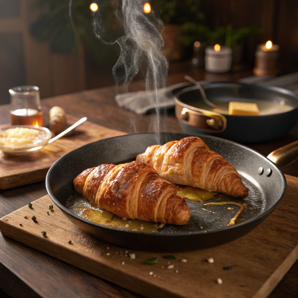 Croissant slices frying on a pan with butter sizzling