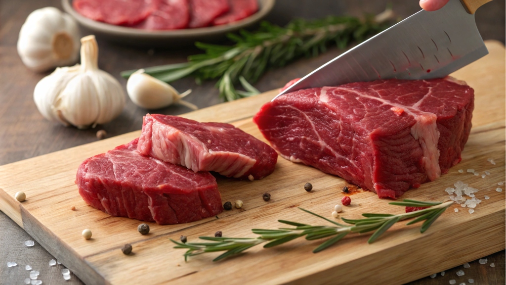 Raw beef cheeks being trimmed on a cutting board