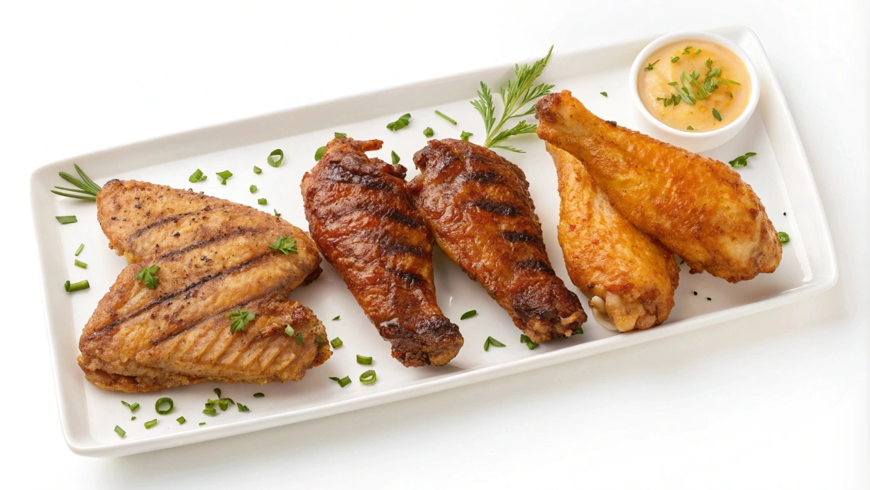 Various styles of cooked turkey wings (baked, grilled, fried).