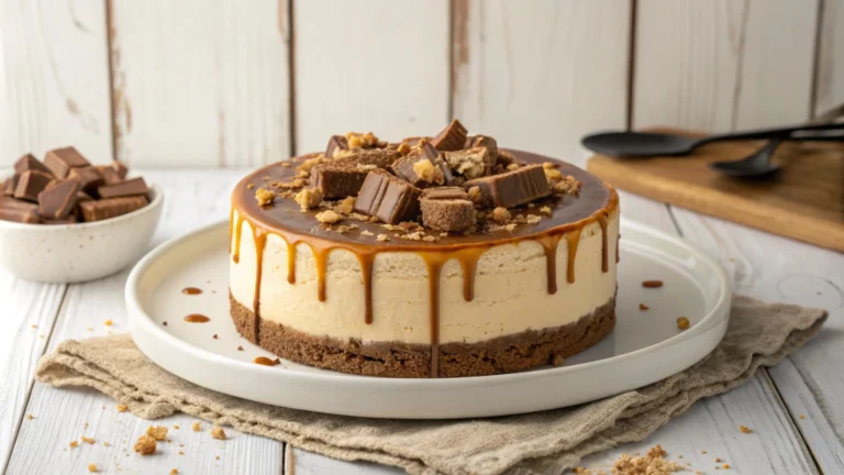 A beautifully crafted Twix cheesecake with a caramel drizzle and chopped Twix bars on top