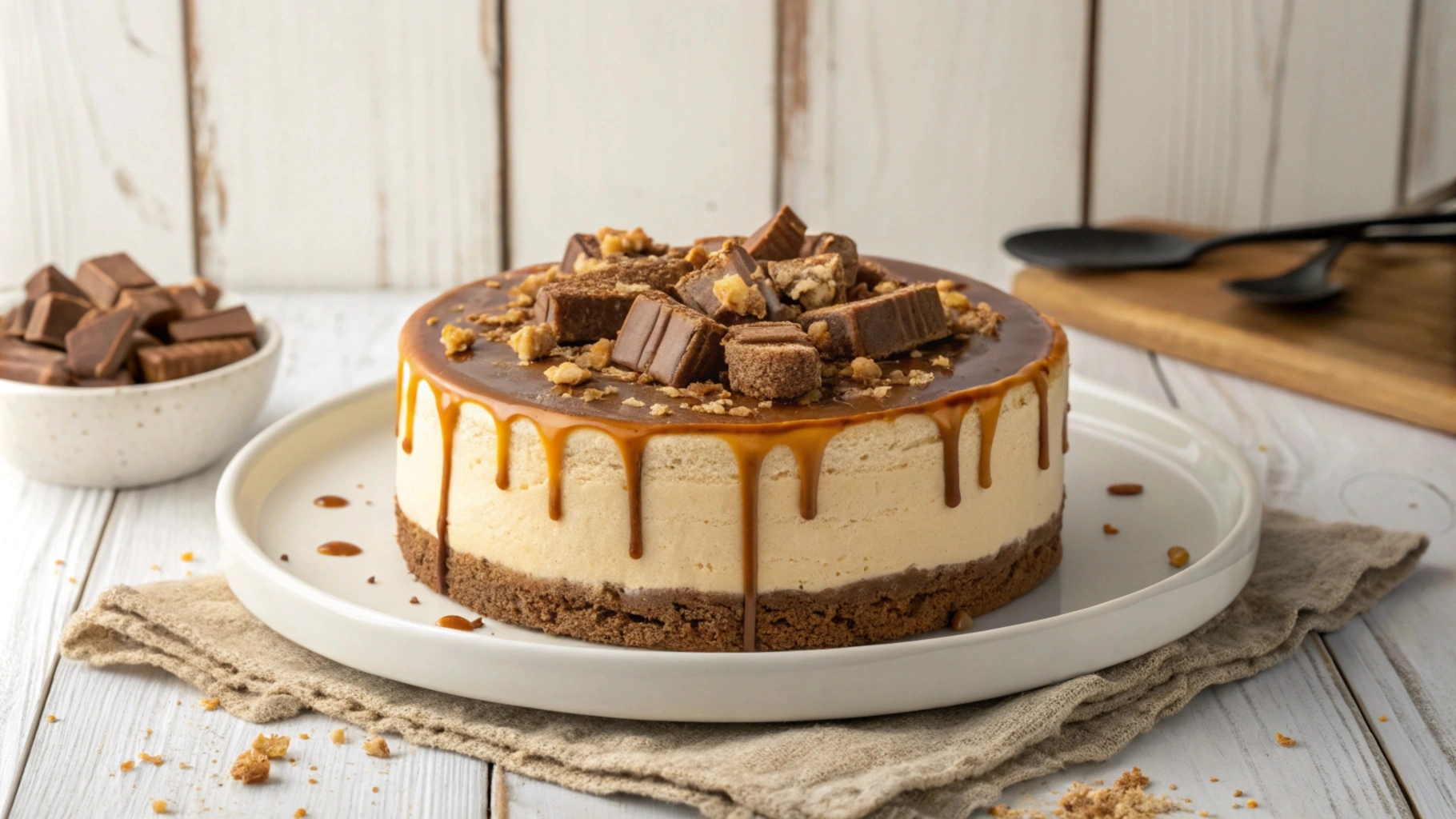 A beautifully crafted Twix cheesecake with a caramel drizzle and chopped Twix bars on top