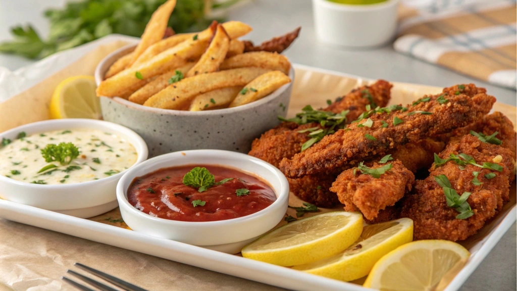 Three types of chicken fries: classic, spicy, and herb-infused, served on a platter