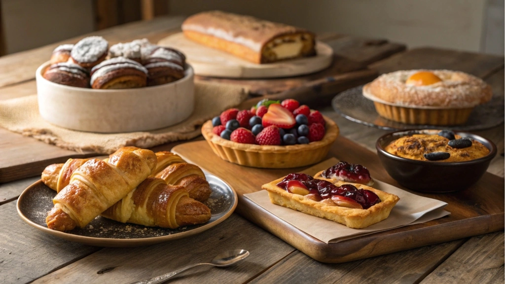 Assorted pastries displayed on a wooden table.