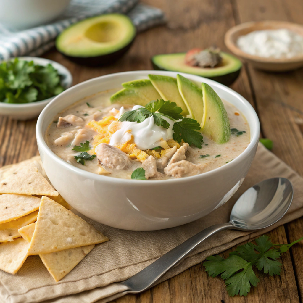 A steaming bowl of white chicken chili with a spoon, garnished with avocado, cilantro, and tortilla chips