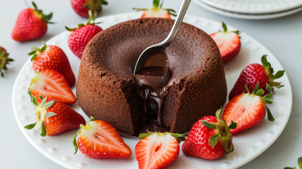 A molten chocolate cake with rich chocolate oozing from the center