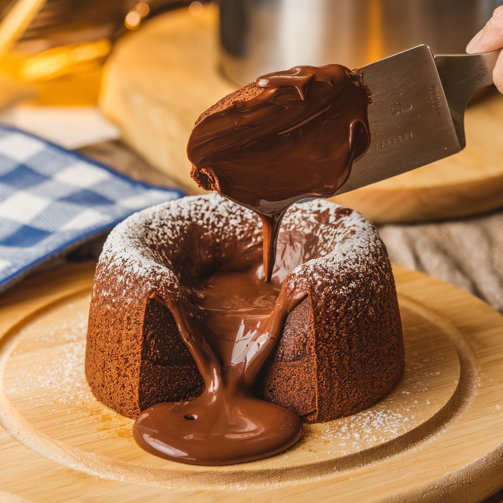 A lava cake being sliced open with molten chocolate oozing out, emphasizing the contrast between the baked exterior and gooey interior.