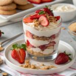 A dessert parfait layered with crushed wafer cookies, cream, and strawberries.