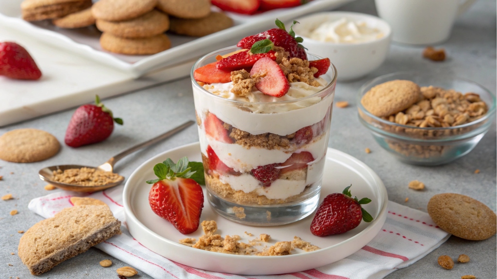 A dessert parfait layered with crushed wafer cookies, cream, and strawberries.