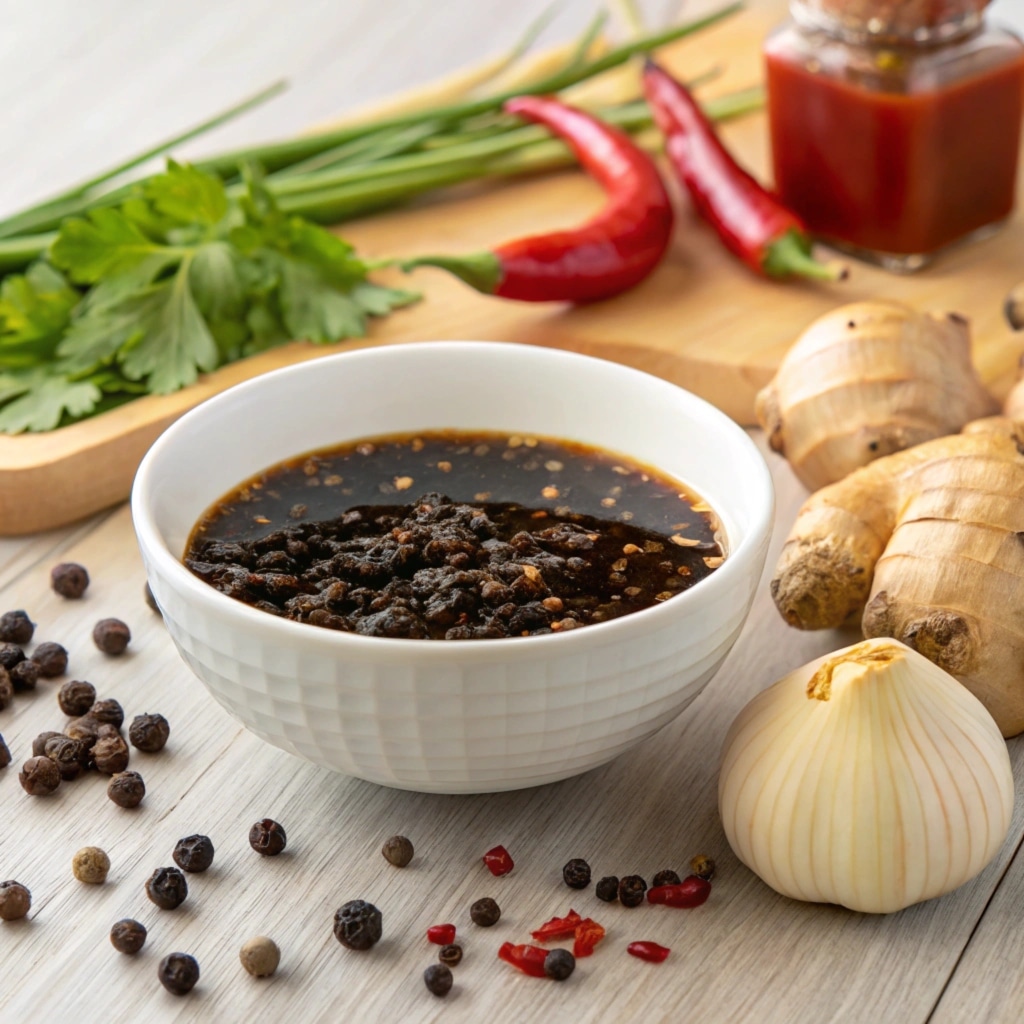 Chinese black pepper sauce in a bowl surrounded by key ingredients