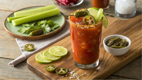 Bloody Mary cocktail garnished with Pickle de Gallo