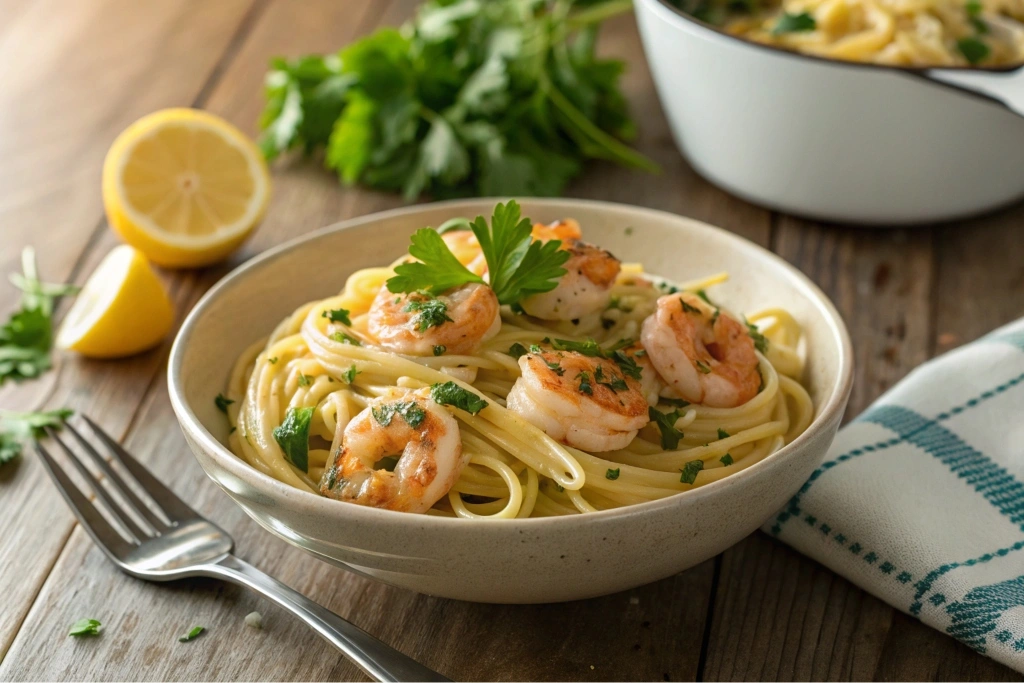 Garlic Butter Shrimp served over pasta with parsley garnish