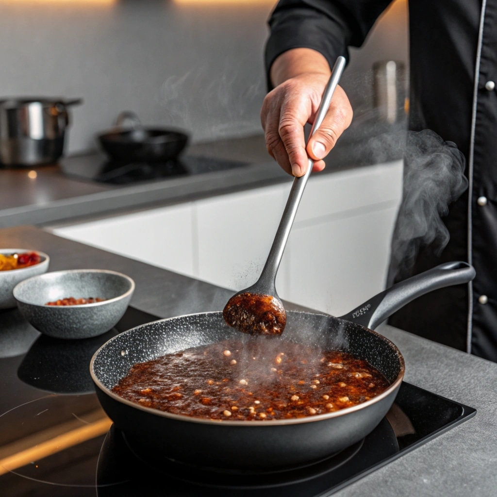 A chef stirring homemade Chinese black pepper sauce in a pan