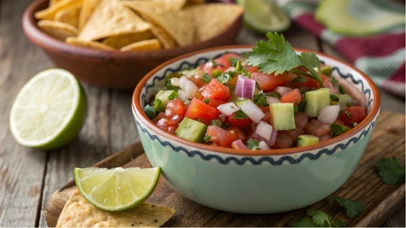 A vibrant bowl of Pickle de Gallo served with tortilla chips