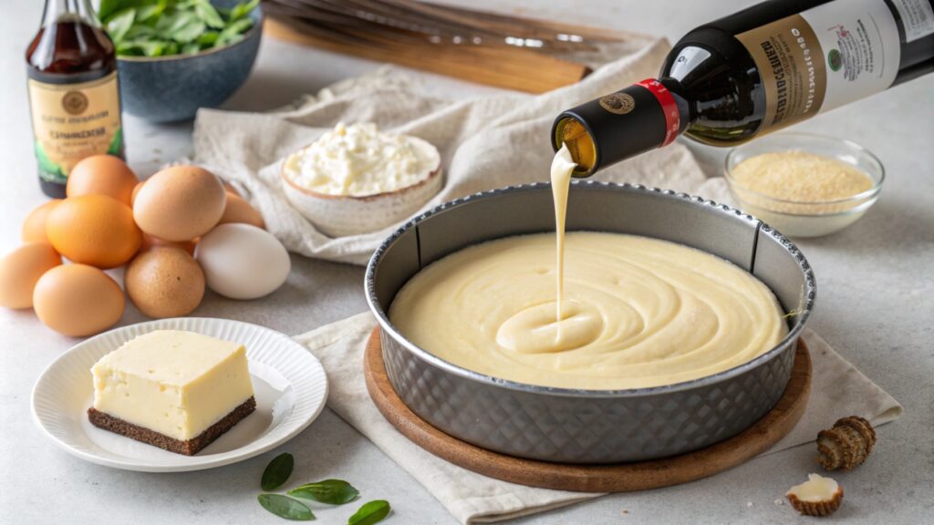 Smooth cheesecake batter being poured into a crust-lined springform pan