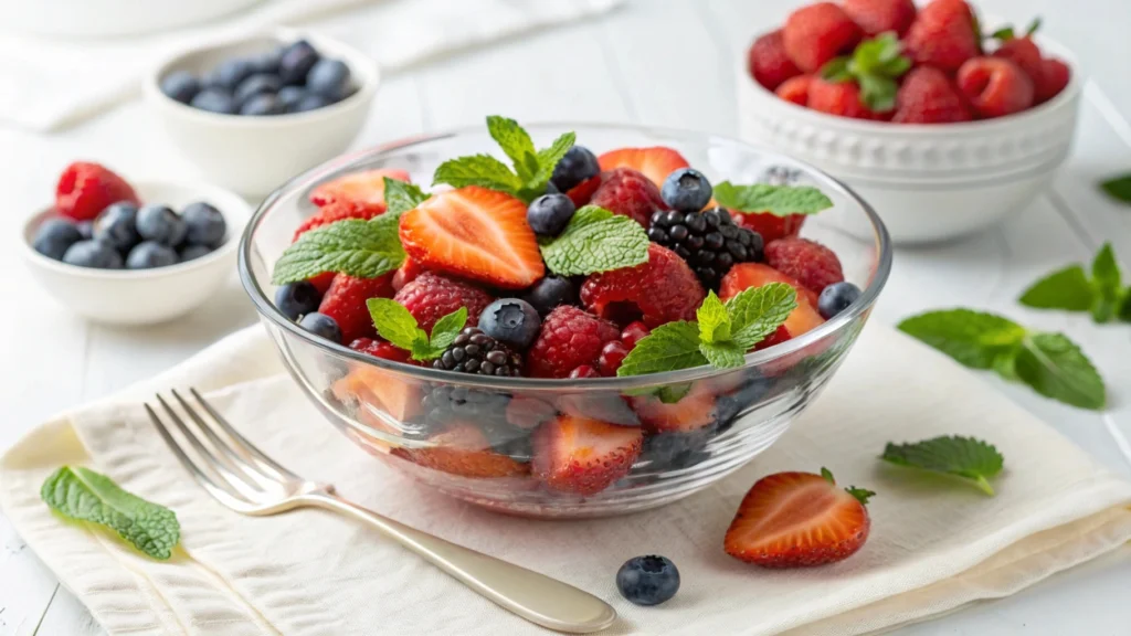 A mixed berry fruit salad with strawberries, blueberries, raspberries, and mint in a glass bowl on a bright table.