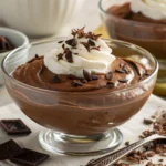 A chocolate mousse garnished with whipped cream.