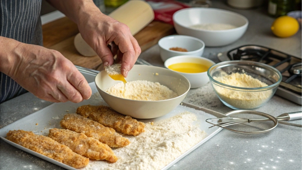 Chicken strips being coated in flour, eggs, and breadcrumbs.