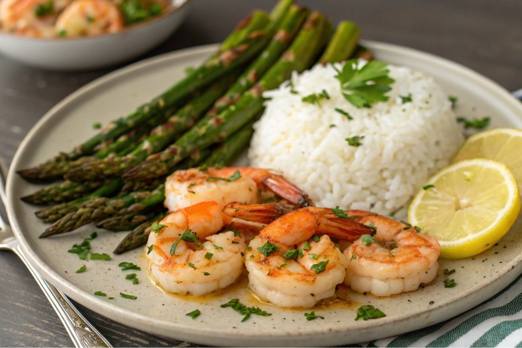 A well-rounded meal featuring Garlic Butter Shrimp.