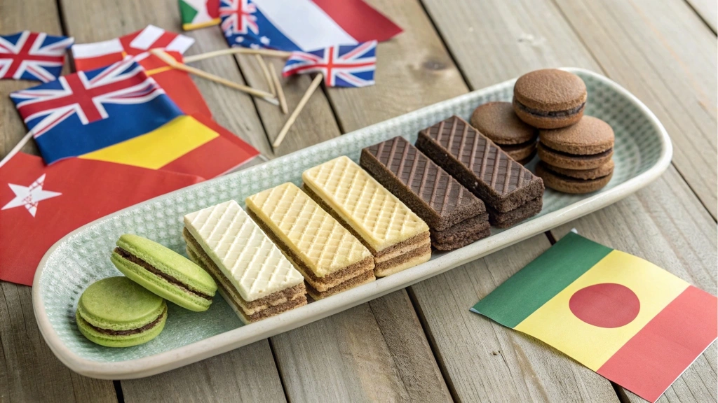 A platter of international wafer cookie varieties, including matcha and hazelnut flavors