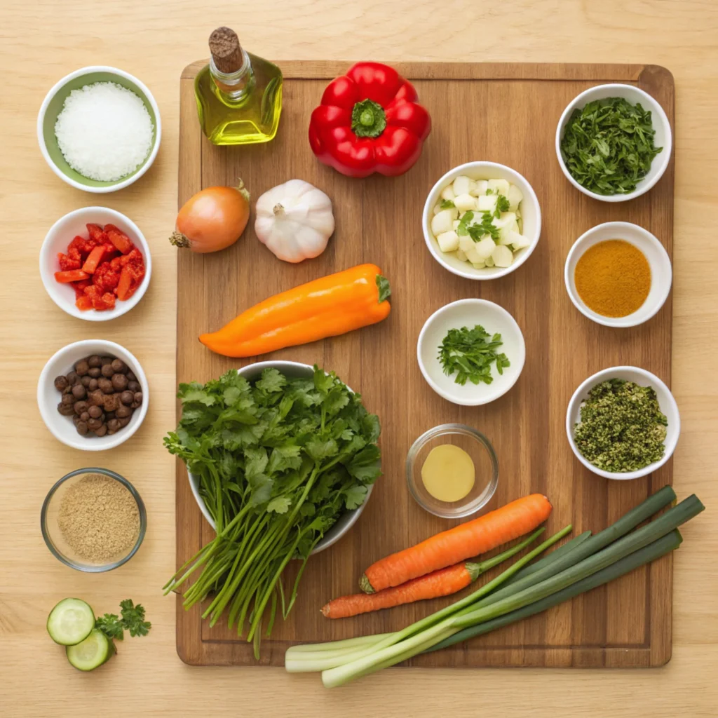  A flat lay of all the ingredients prepped and ready to cook, arranged on a wooden countertop