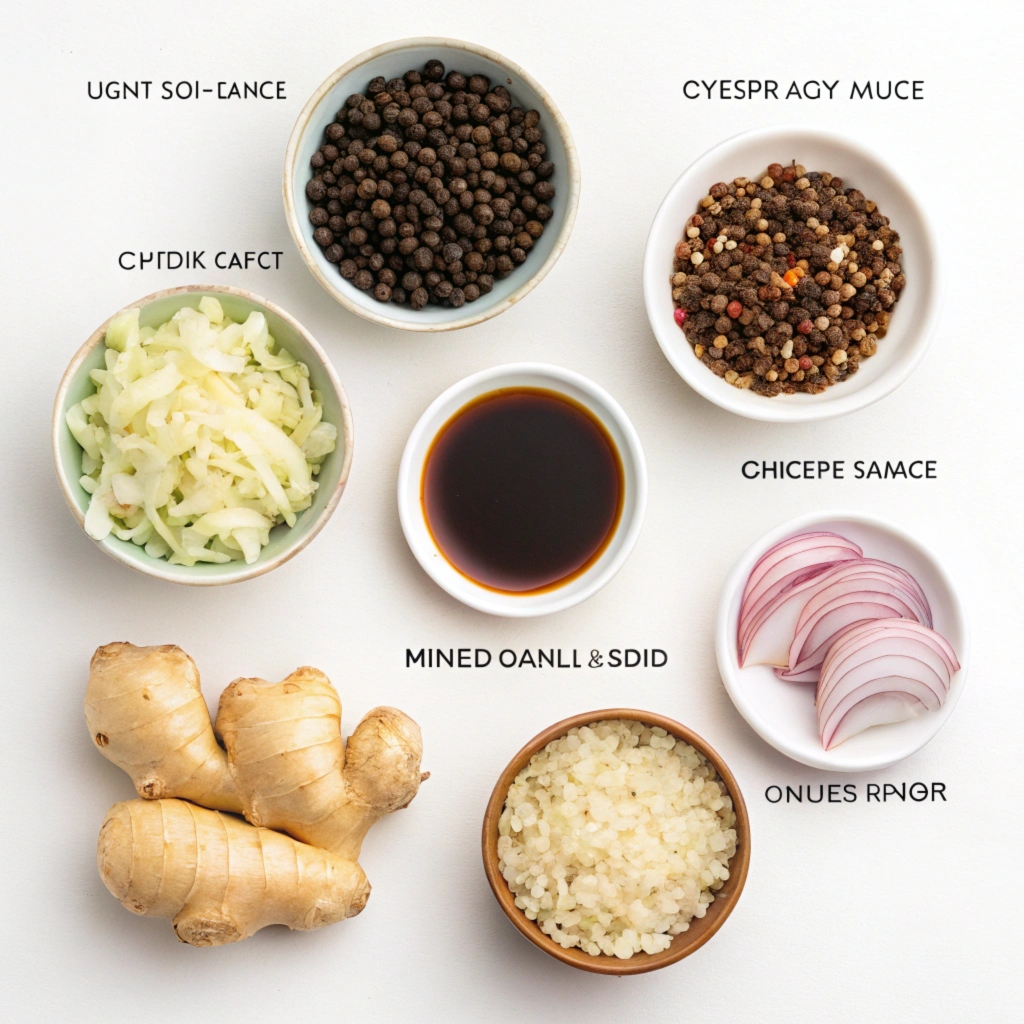 Key ingredients for Chinese black pepper sauce arranged neatly