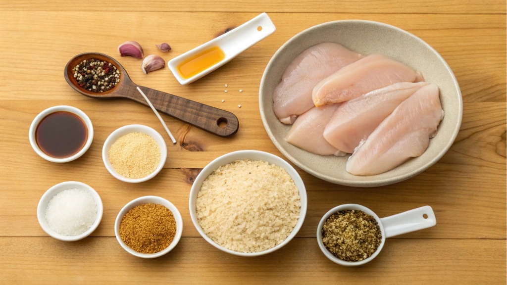 Ingredients for making salt and vinegar chicken strips, including chicken, vinegar, salt, and breadcrumbs