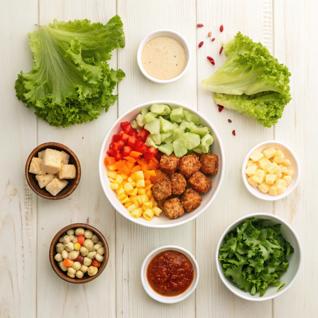  A flat-lay of neatly arranged burger bowl ingredients, showcasing lettuce, diced vegetables, cooked protein, and small bowls of dressings.