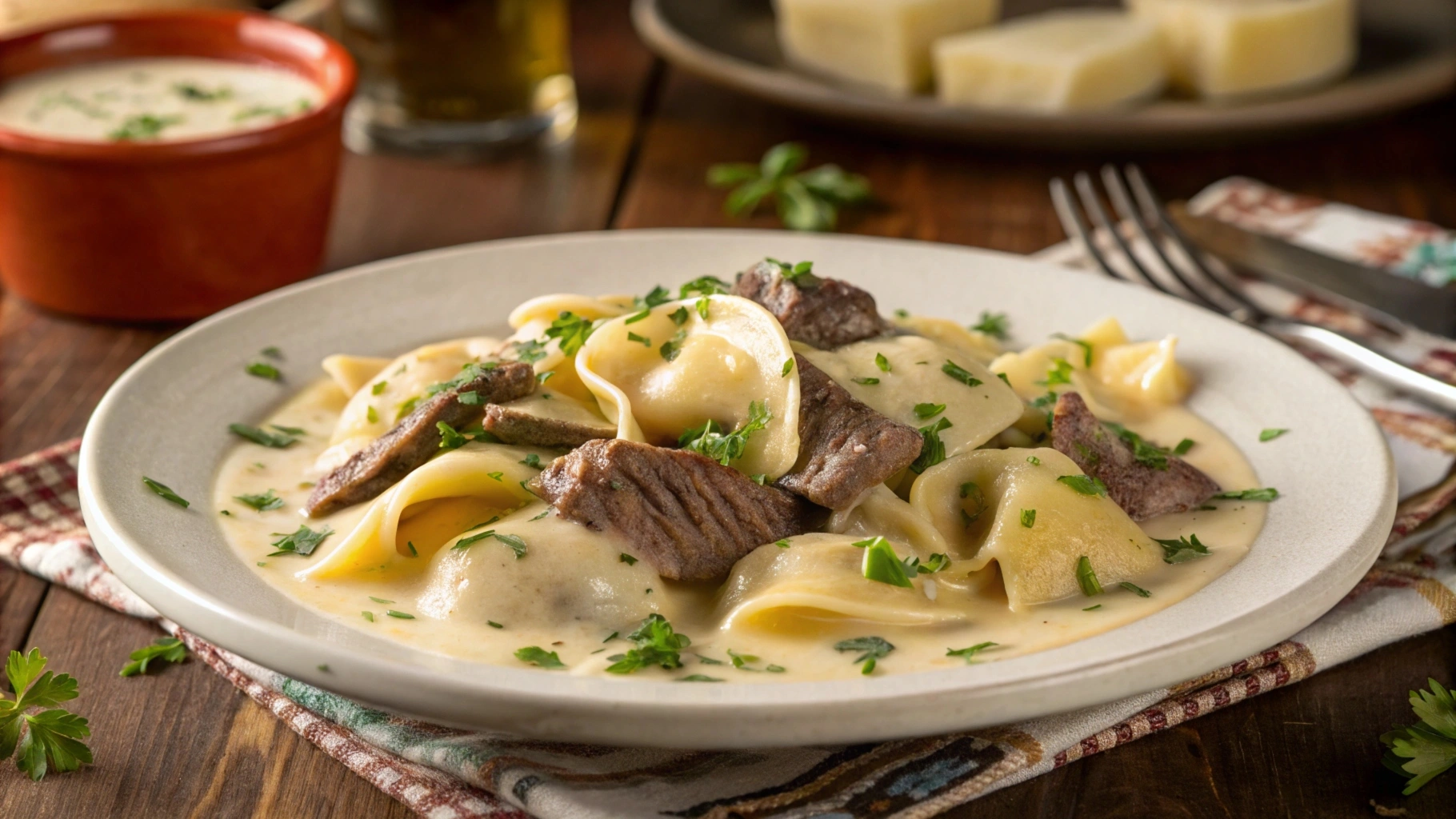 A delicious plate of cheesesteak tortellini in rich provolone sauce, garnished with parsley