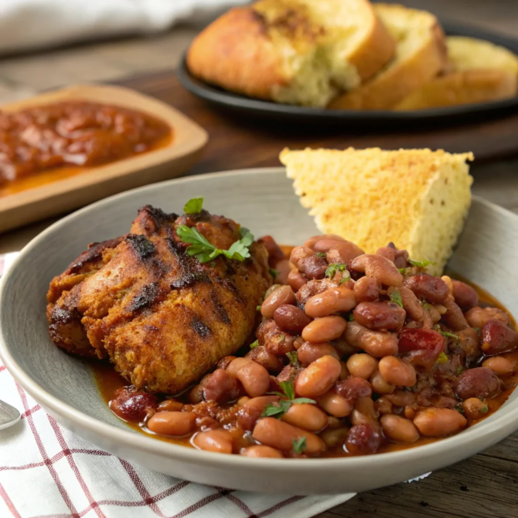  A plate of smoky calico beans served as a side to grilled chicken and cornbread.