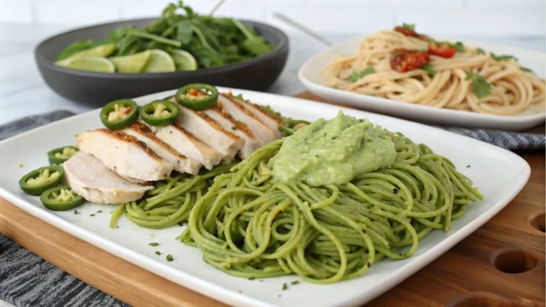 A platter displaying variations of green spaghetti: one with chicken slices, another with vegan avocado sauce, and one topped with spicy jalapeños, highlighting their versatility.