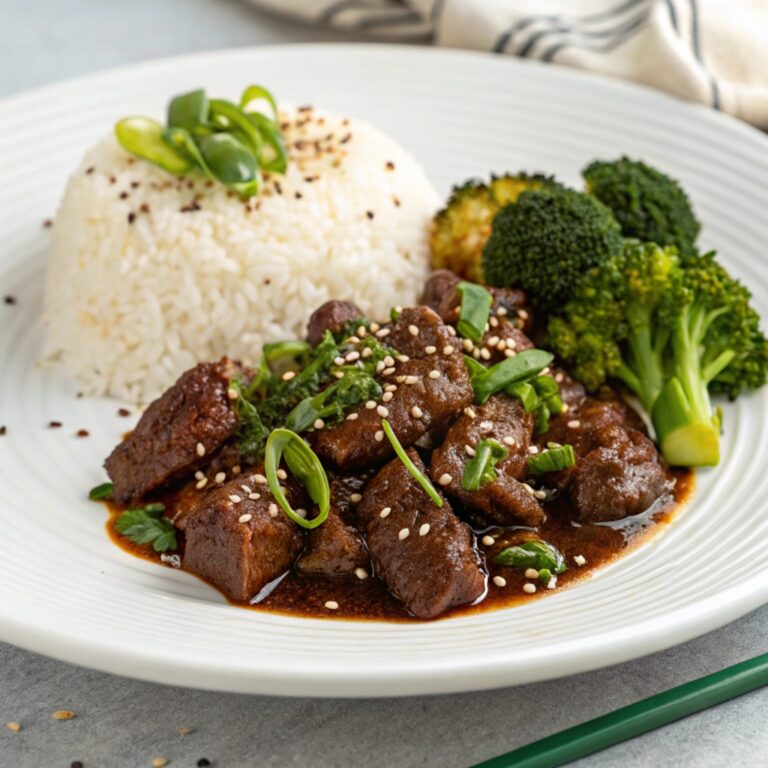 Black Pepper Beef served with rice and a side of steamed broccoli