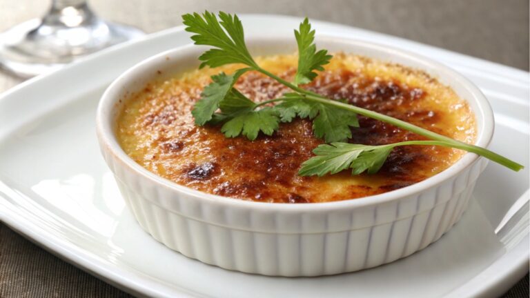 A white ramekin filled with golden-brown crème brûlée, featuring a caramelized sugar crust on top, garnished with a sprig of fresh parsley, placed on a white rectangular plate