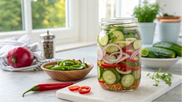 Close-up of pickling process with vegetables in a jar